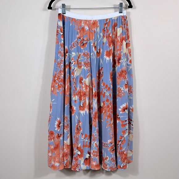 Halogen Floral Blue Pink Lined Spring Pleated Midi Women Skirt Size Small - Picture 2 of 8